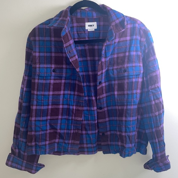 SOLD Obey Cropped Flannel | Small | Pac Sun, Nordstrom | Purple, Blue - Picture 1 of 5